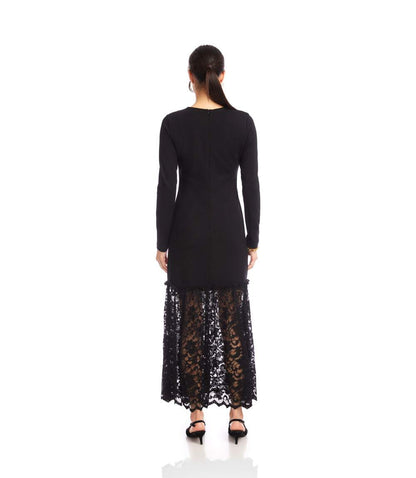Long Sleeve Contrast Lace V-Neck Column Dress