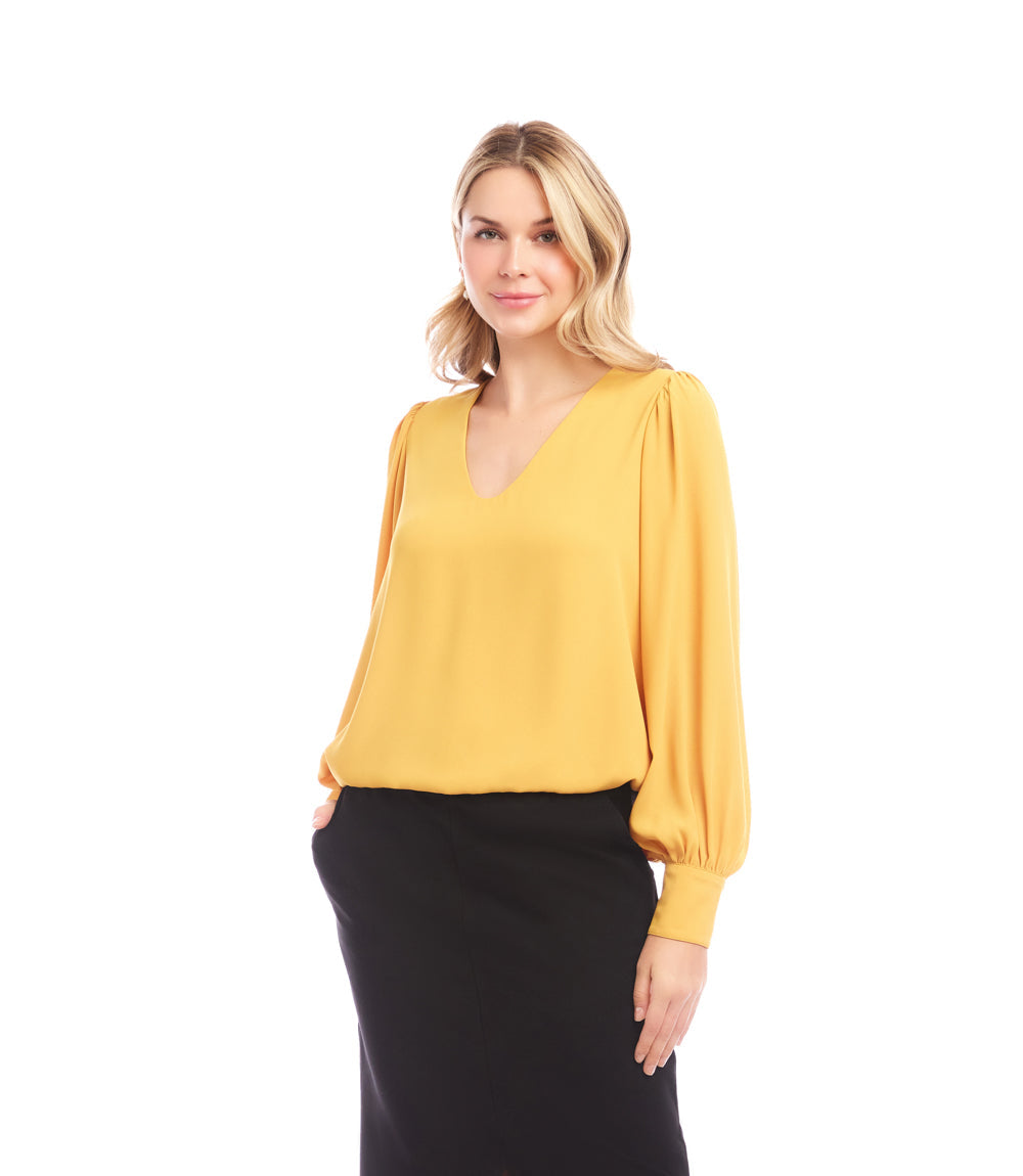 Petite Size Puff Sleeve V-Neck Top