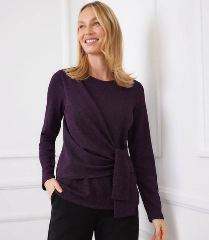 Long Sleeve Metallic Knit Side-Tie Top