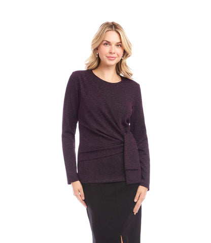 Long Sleeve Metallic Knit Side-Tie Top