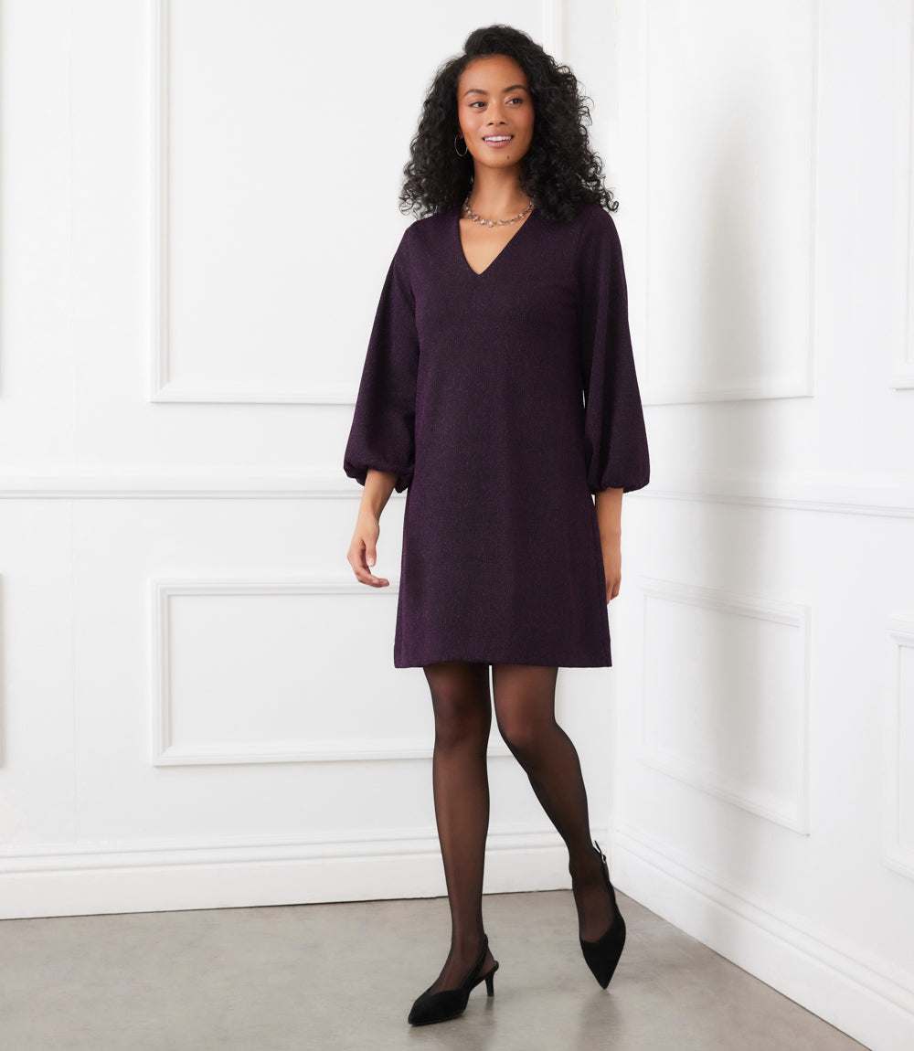 Blouson Sleeve Metallic Knit V-Neck Dress