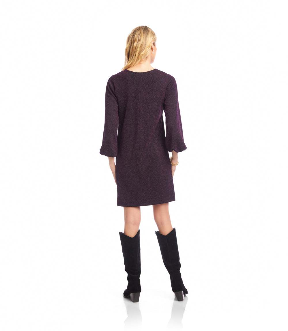 Blouson Sleeve Metallic Knit V-Neck Dress