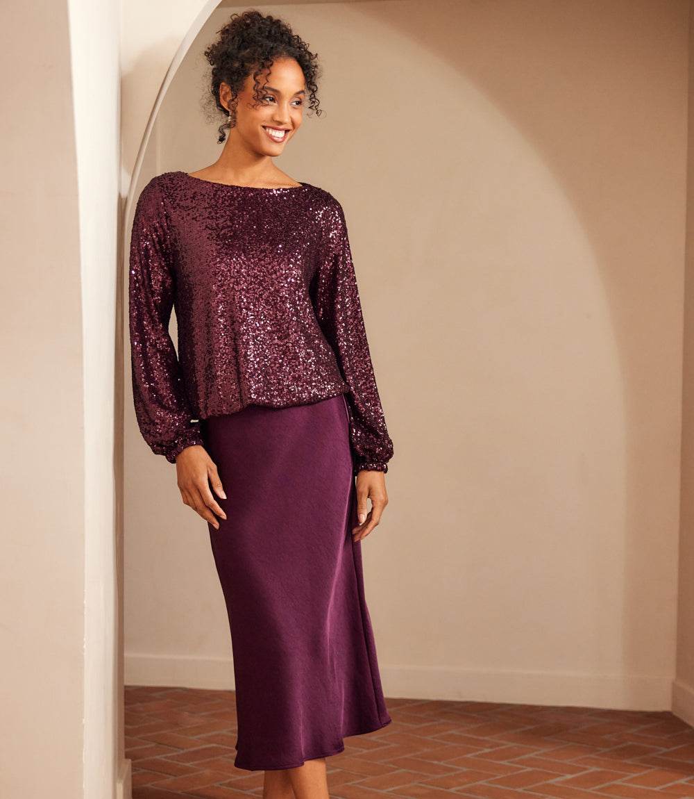 Blouson Sleeve Sequin Boatneck Top
