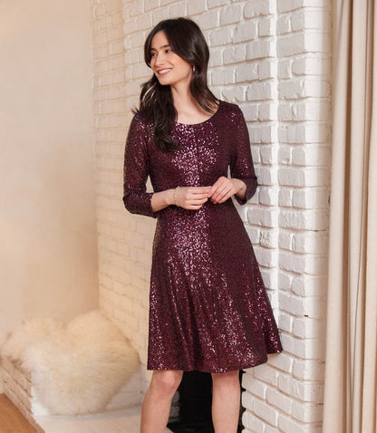 3/4 Sleeve Sequin Scoop Neck Fit & Flare Dress