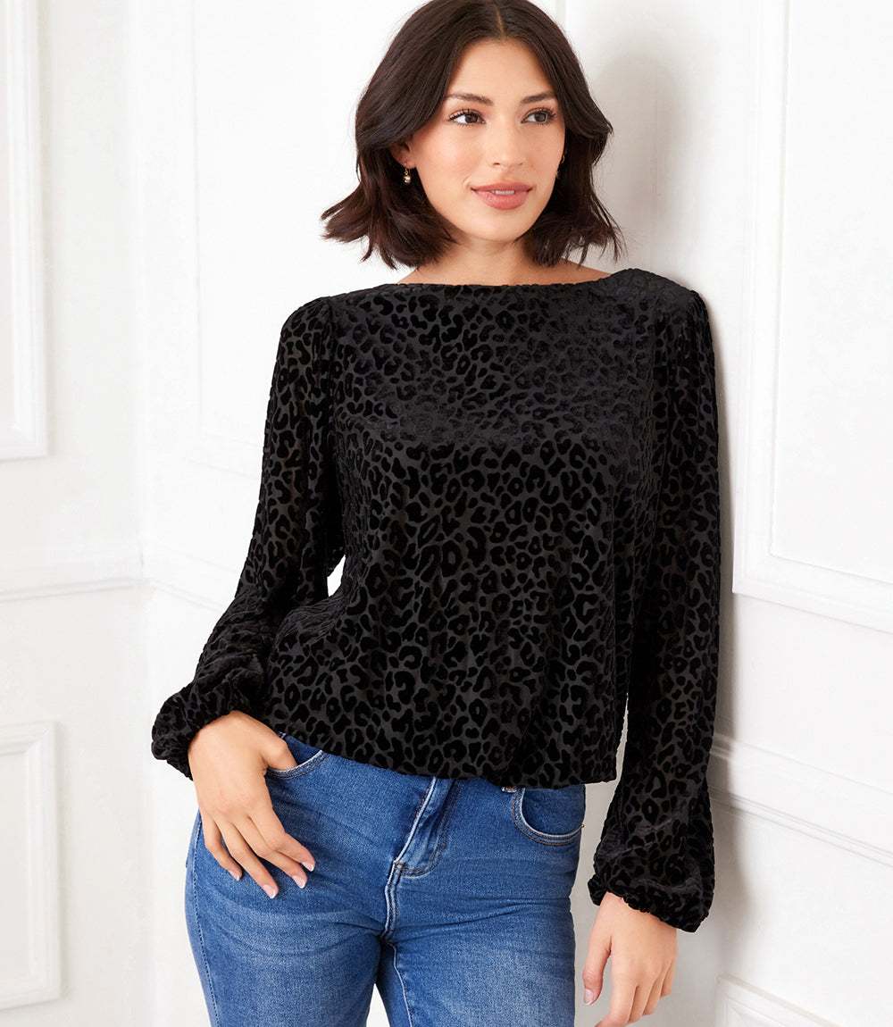 Blouson Sleeve Velvet Burnout Boatneck Top
