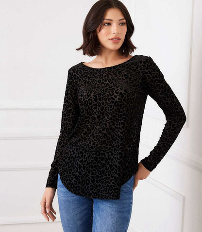 Long Sleeve Velvet Burnout Shirttail Top