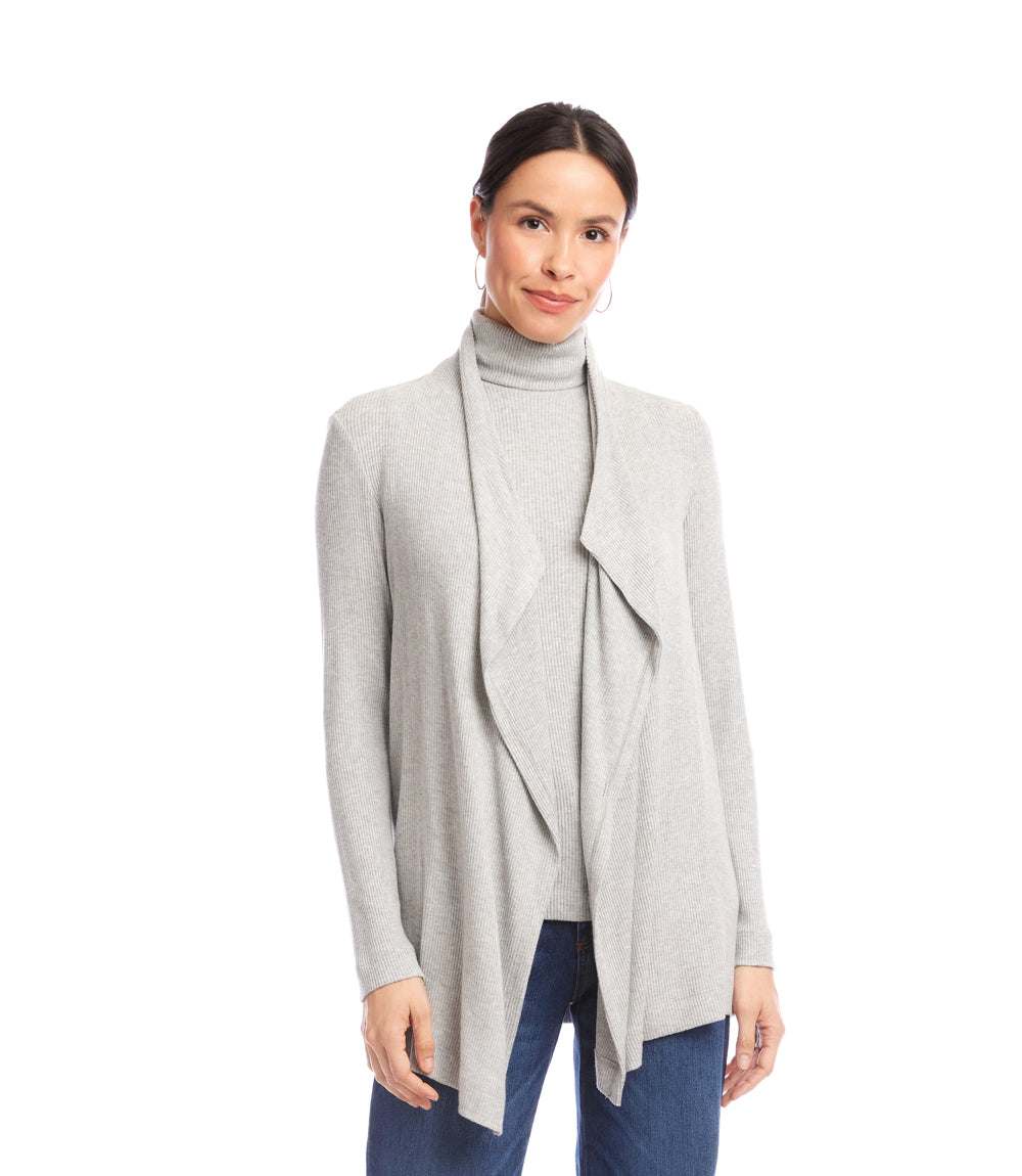 Petite Size Long Sleeve Ribbed Drape Front Cardigan