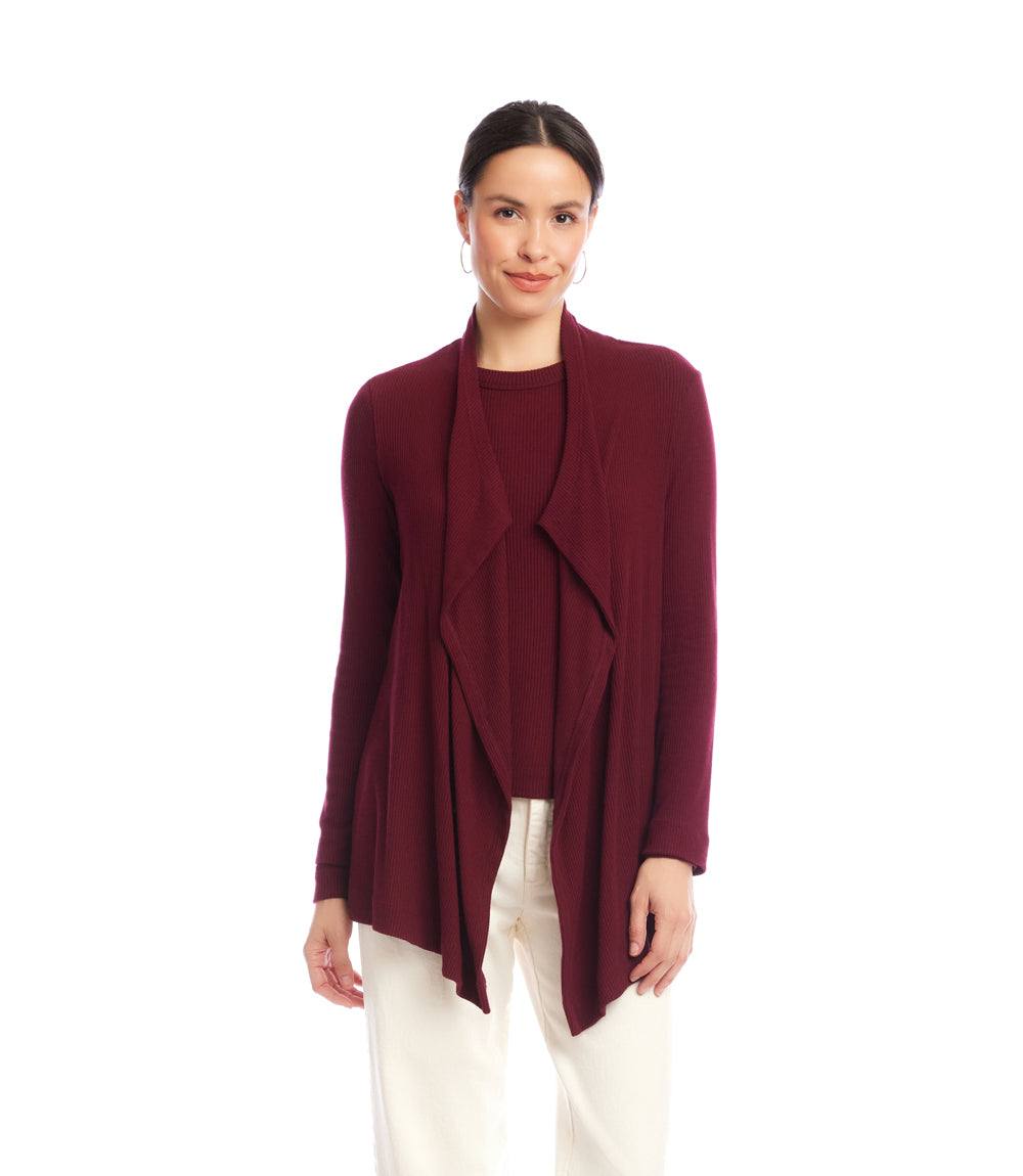 Petite Size Long Sleeve Ribbed Drape Front Cardigan