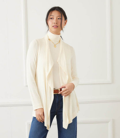 Petite Size Long Sleeve Ribbed Drape Front Cardigan