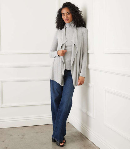 Petite Size Long Sleeve Ribbed Drape Front Cardigan