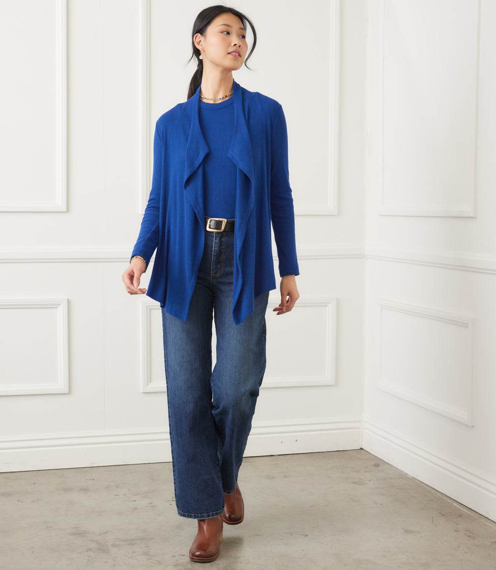 Long Sleeve Ribbed Drape Front Cardigan