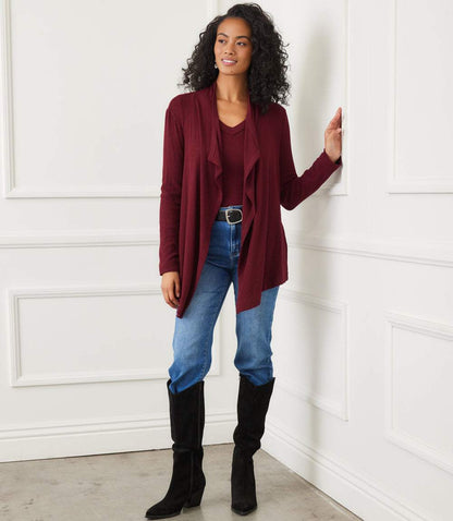 Petite Size Long Sleeve Ribbed Drape Front Cardigan