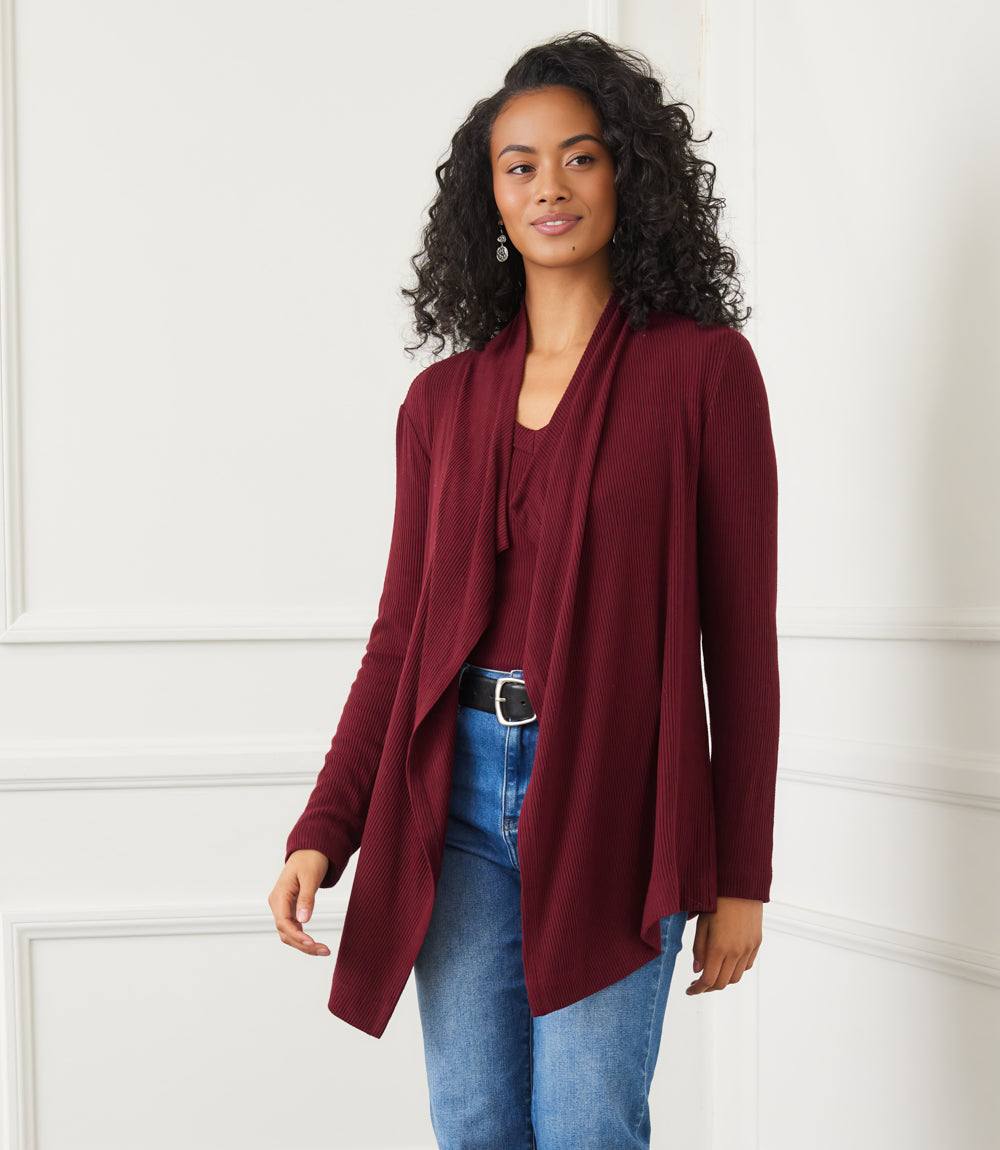 Long Sleeve Ribbed Drape Front Cardigan