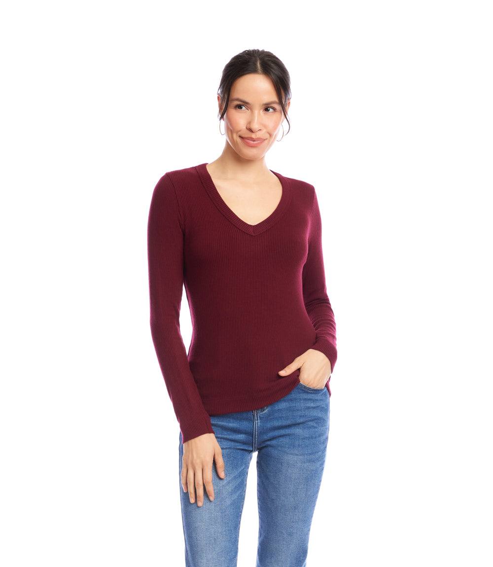 Petite Size Long Sleeve Ribbed V-Neck Top
