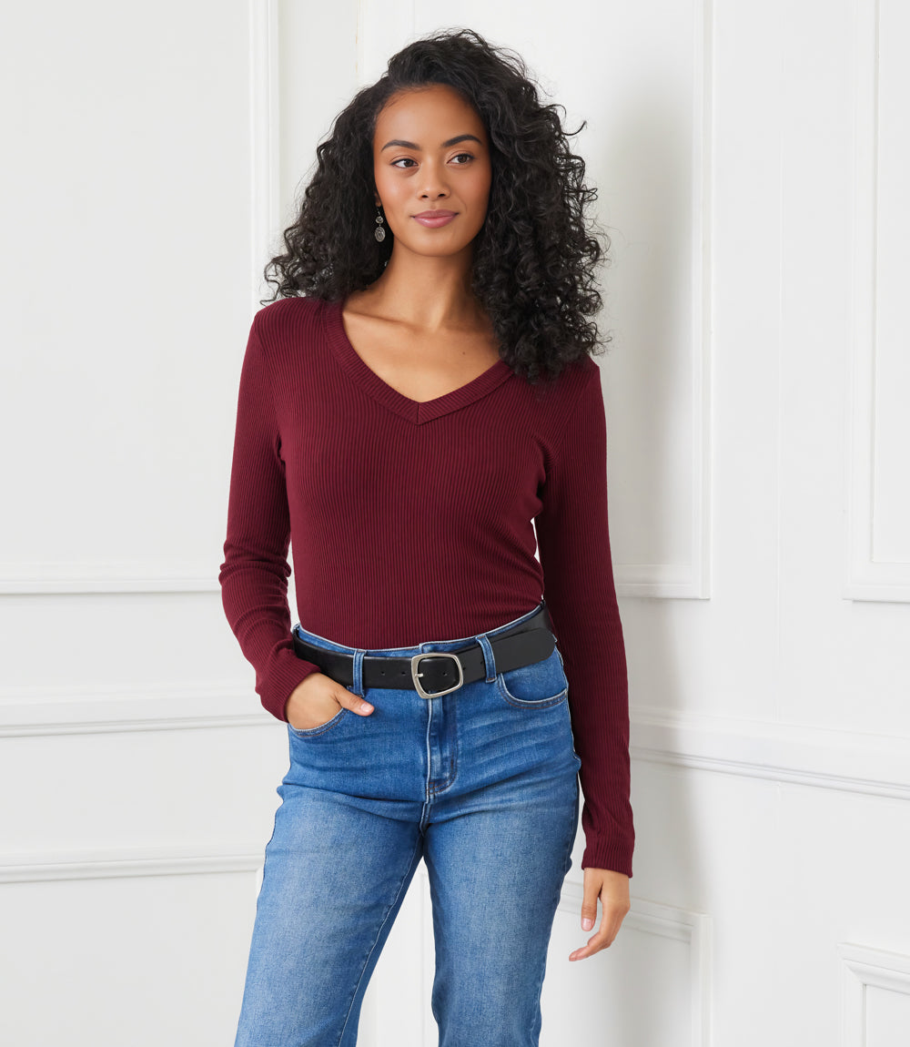 Petite Size Long Sleeve Ribbed V-Neck Top