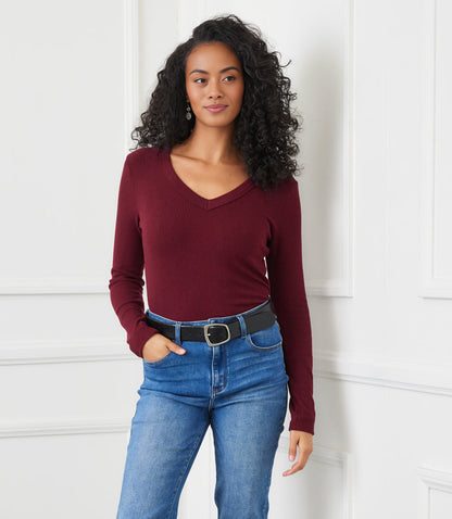 Petite Size Long Sleeve Ribbed V-Neck Top
