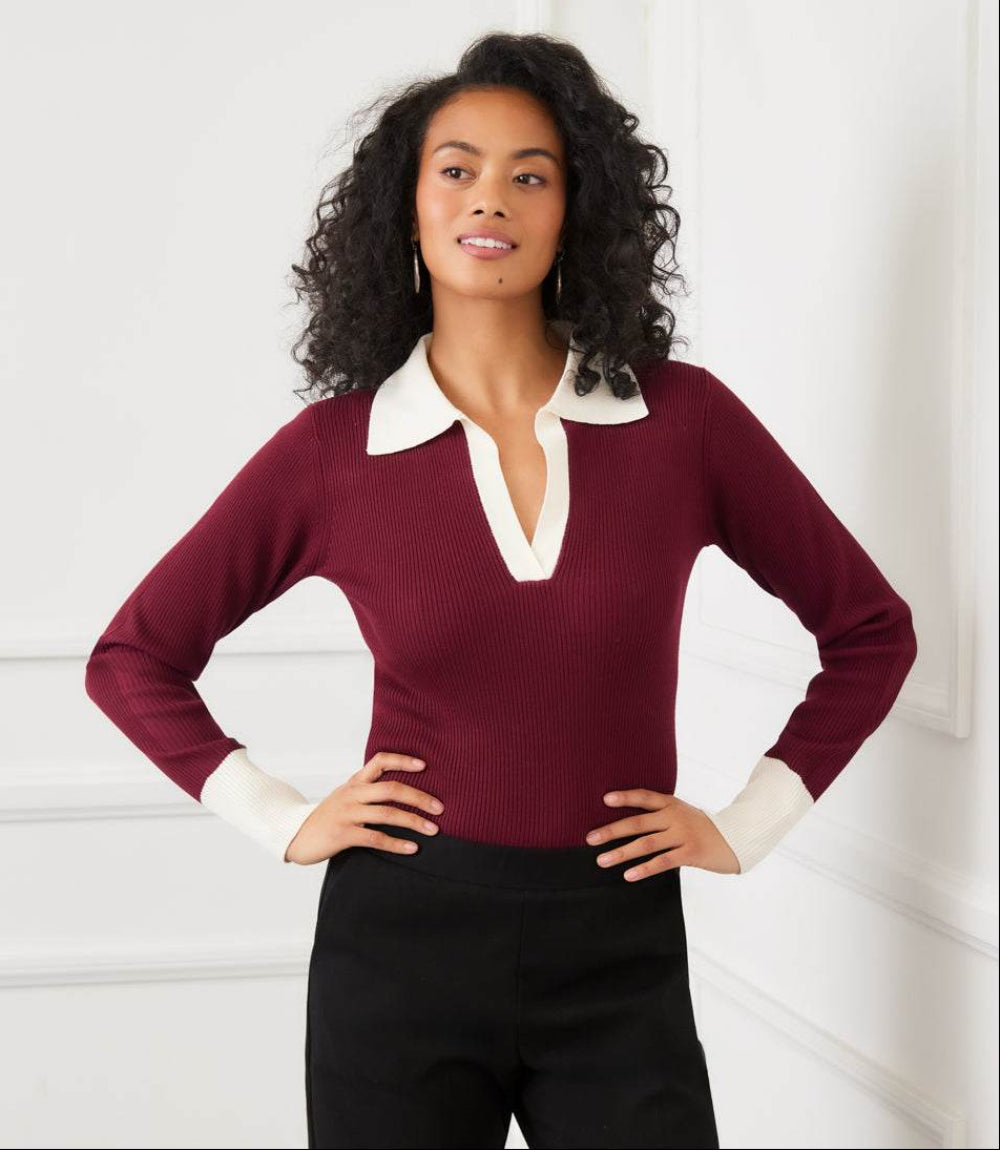 Contrast Ribbed Polo Sweater