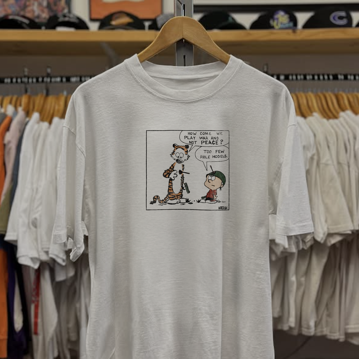 90s Calvin & Hobbes Peace Not War Washed White Tee