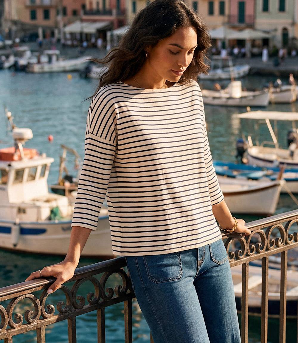 Petite Size Stripe 3/4 Sleeve Boatneck Top