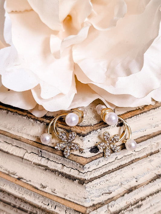 Beautiful Pearl and Crystal Flower Jacket Earrings