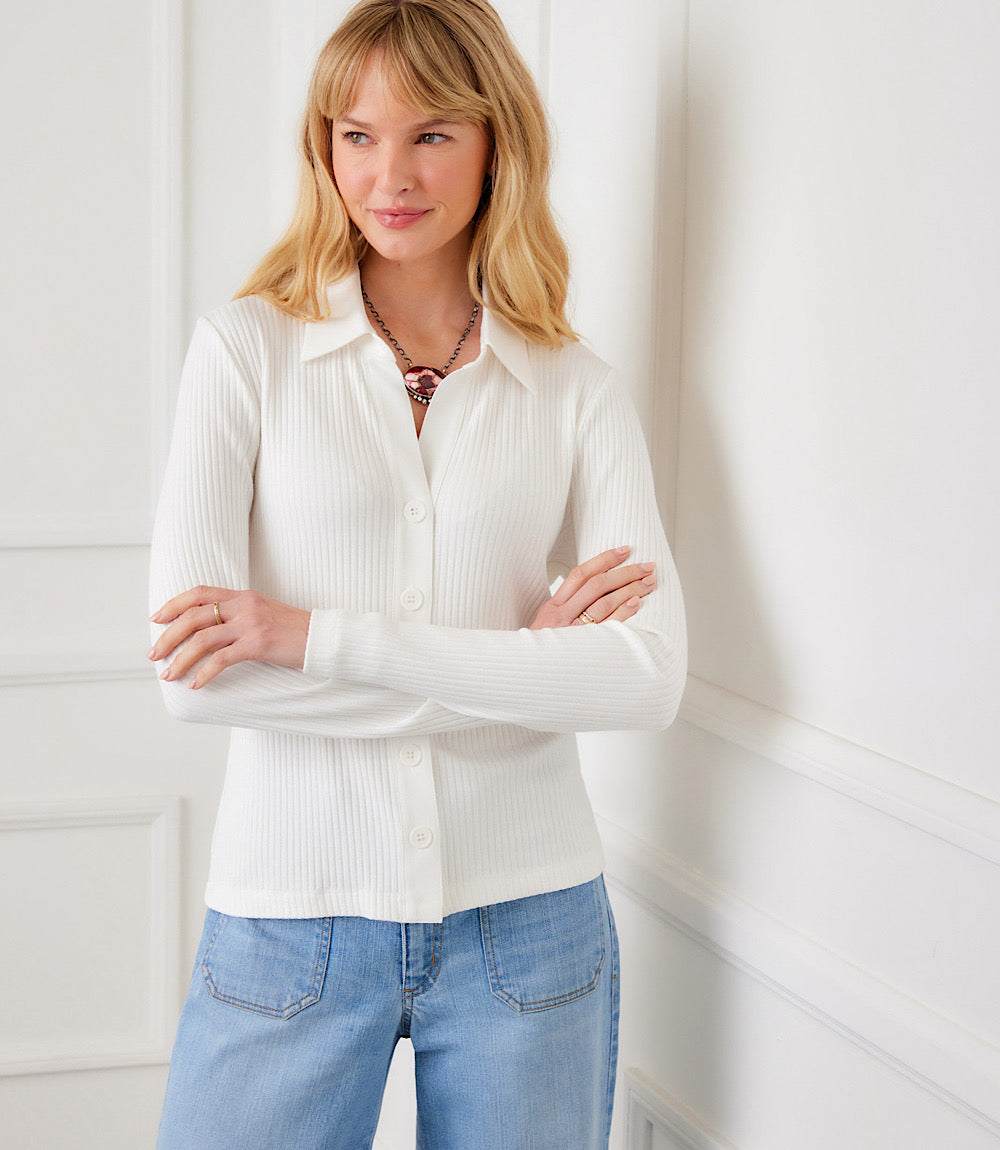 Ribbed Long Sleeve Button Front Top