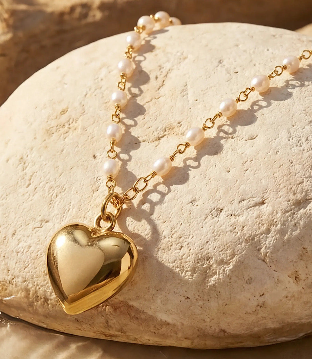 Beaded Pearl Heart Charm Necklace