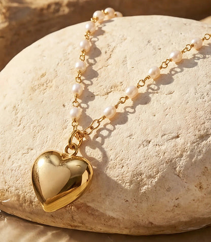 Beaded Pearl Heart Charm Necklace