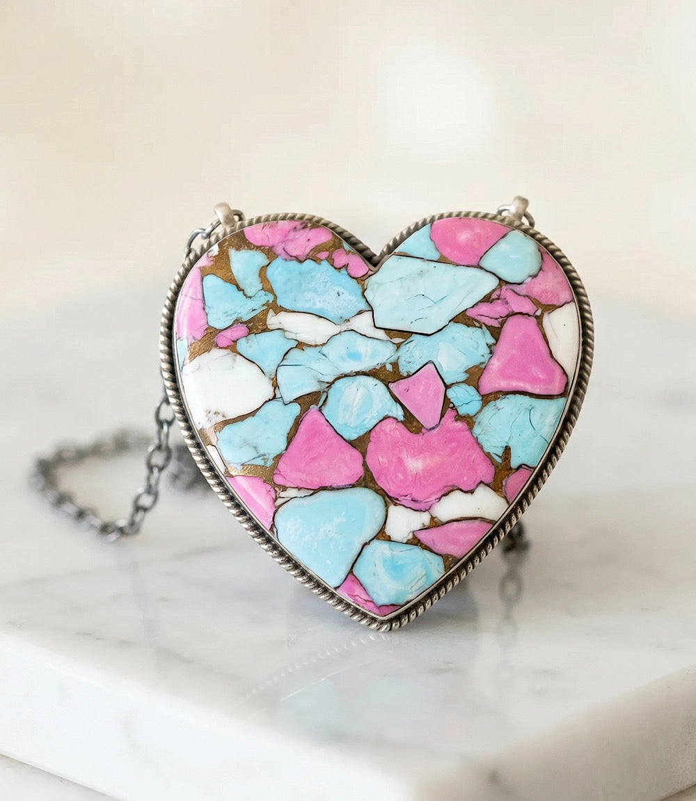 Large Cotton Candy Turquoise Heart Necklace