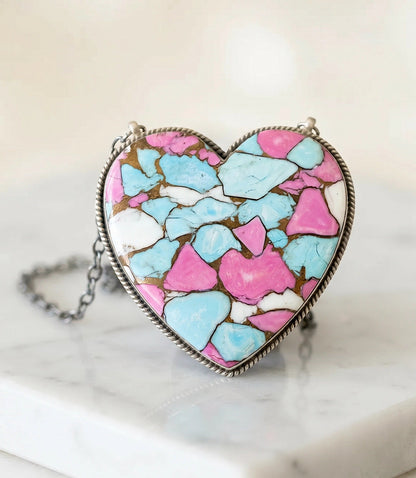 Large Cotton Candy Turquoise Heart Necklace