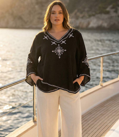 Plus Size Bracelet Sleeve Embroidered Asymmetric Top