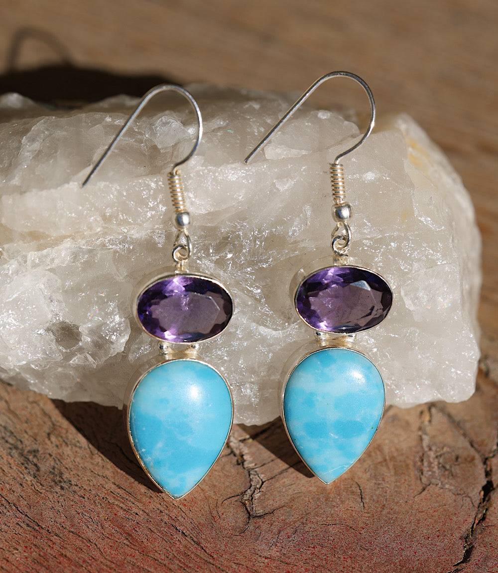 Larimar And Amethyst Drop Earrings