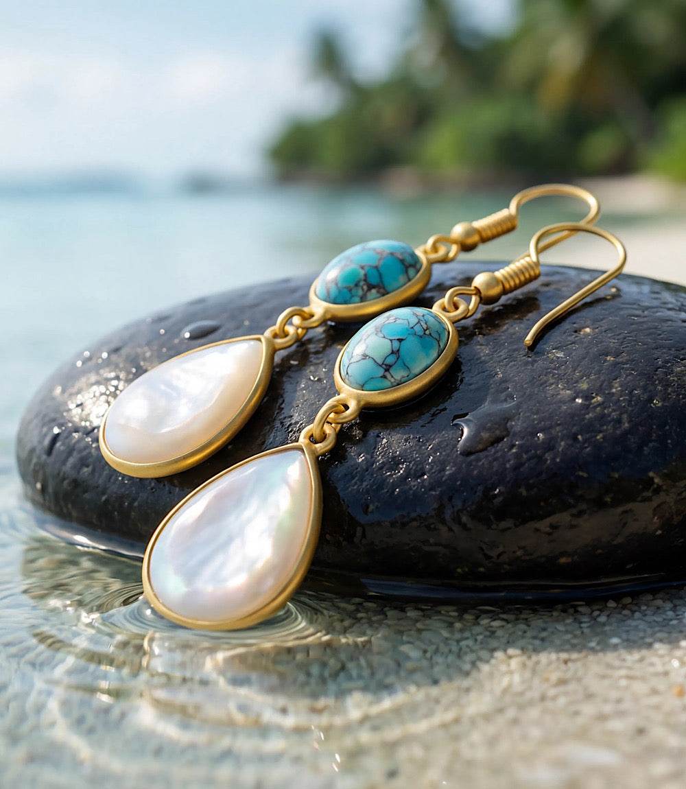 Turquoise And Pearl Teardrop Earrings