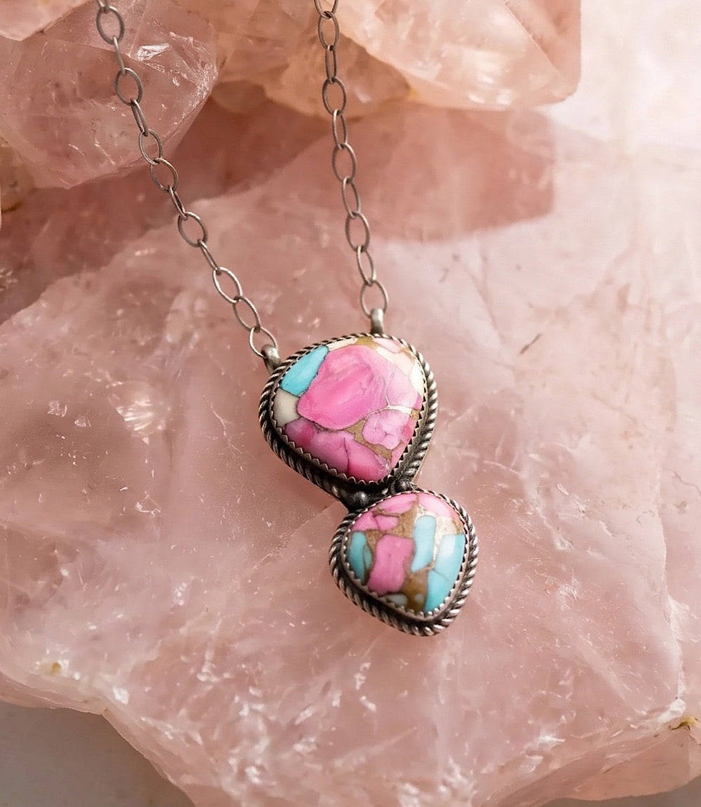 Cotton Candy Turquoise Double Teardrop Necklace