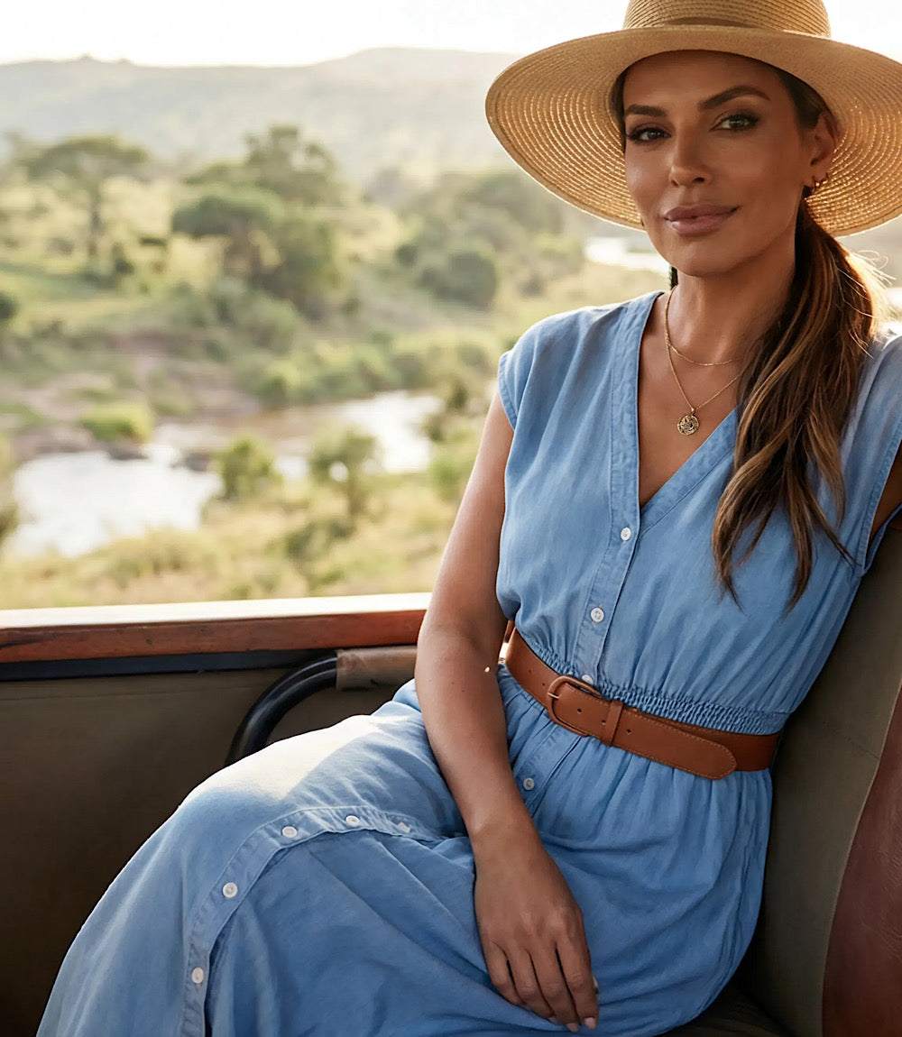 Cap Sleeve Smocked Waist Button-Up Midi Dress
