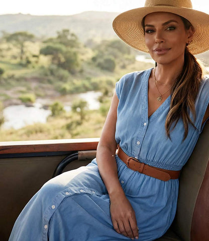 Cap Sleeve Smocked Waist Button-Up Midi Dress