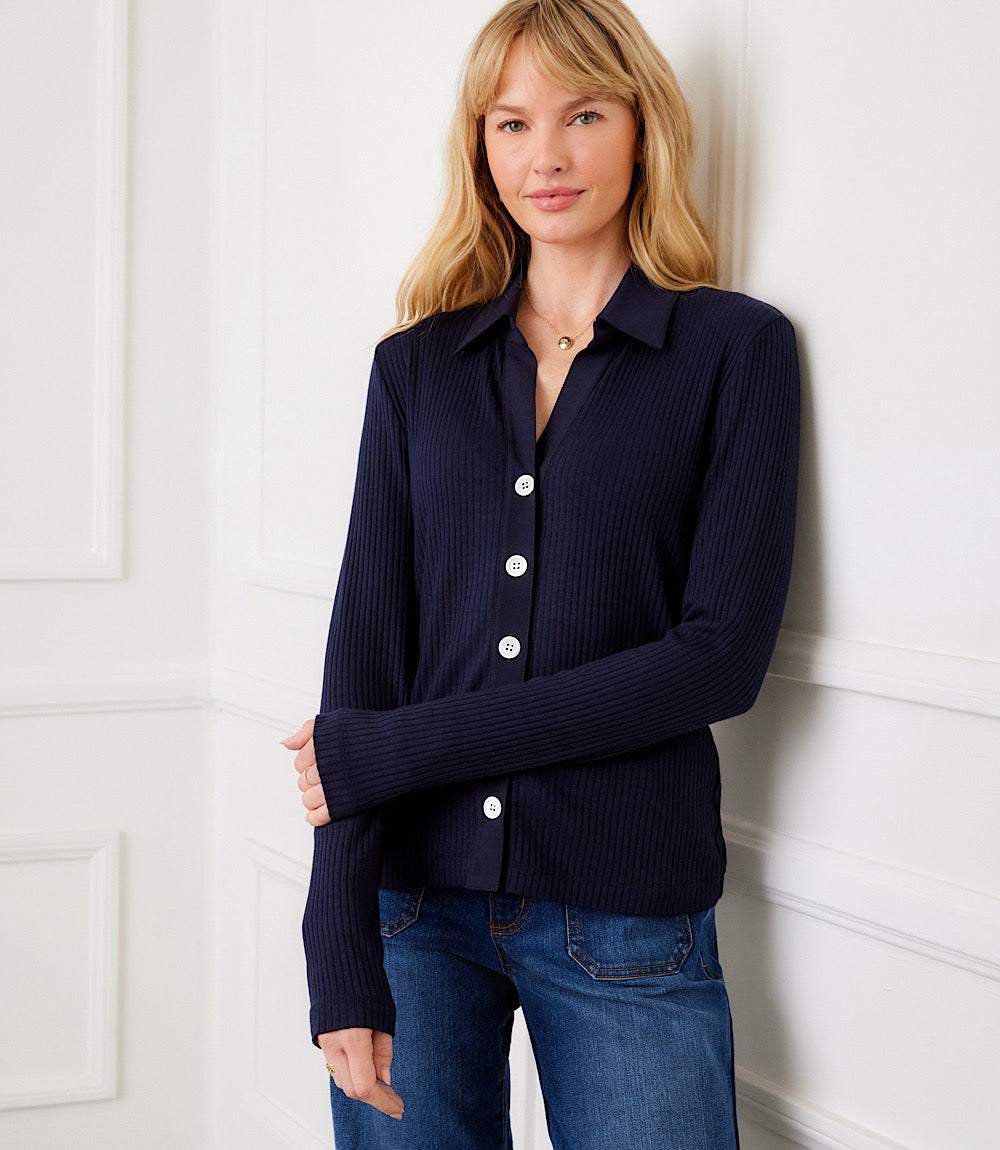 Ribbed Long Sleeve Button Front Top