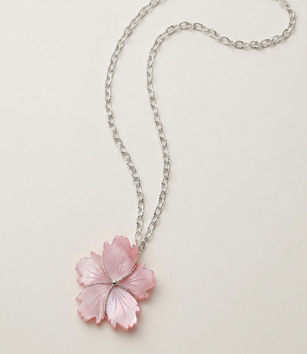 Carved Pink Conch Flower Pendant Necklace