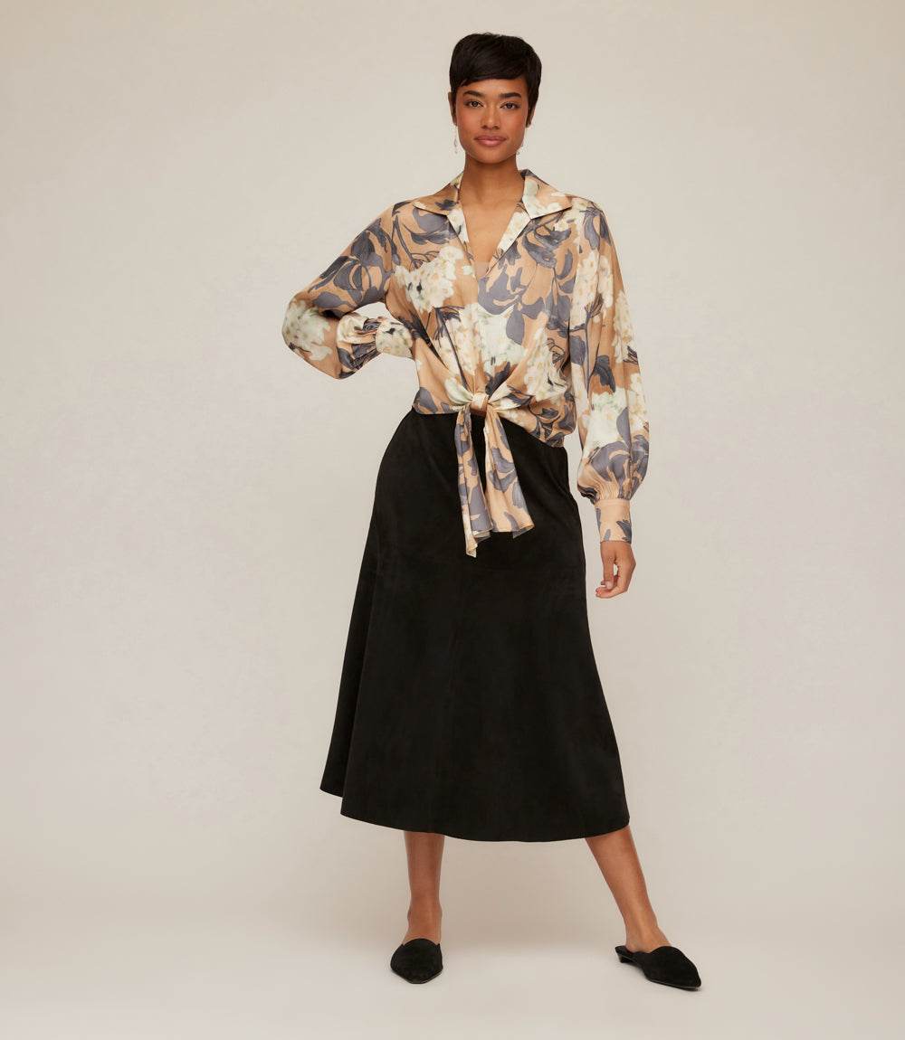 Petite Size Blouson Sleeve Satin Tie-Front Top