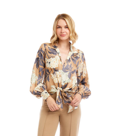 Petite Size Blouson Sleeve Satin Tie-Front Top