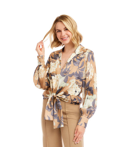 Petite Size Blouson Sleeve Satin Tie-Front Top
