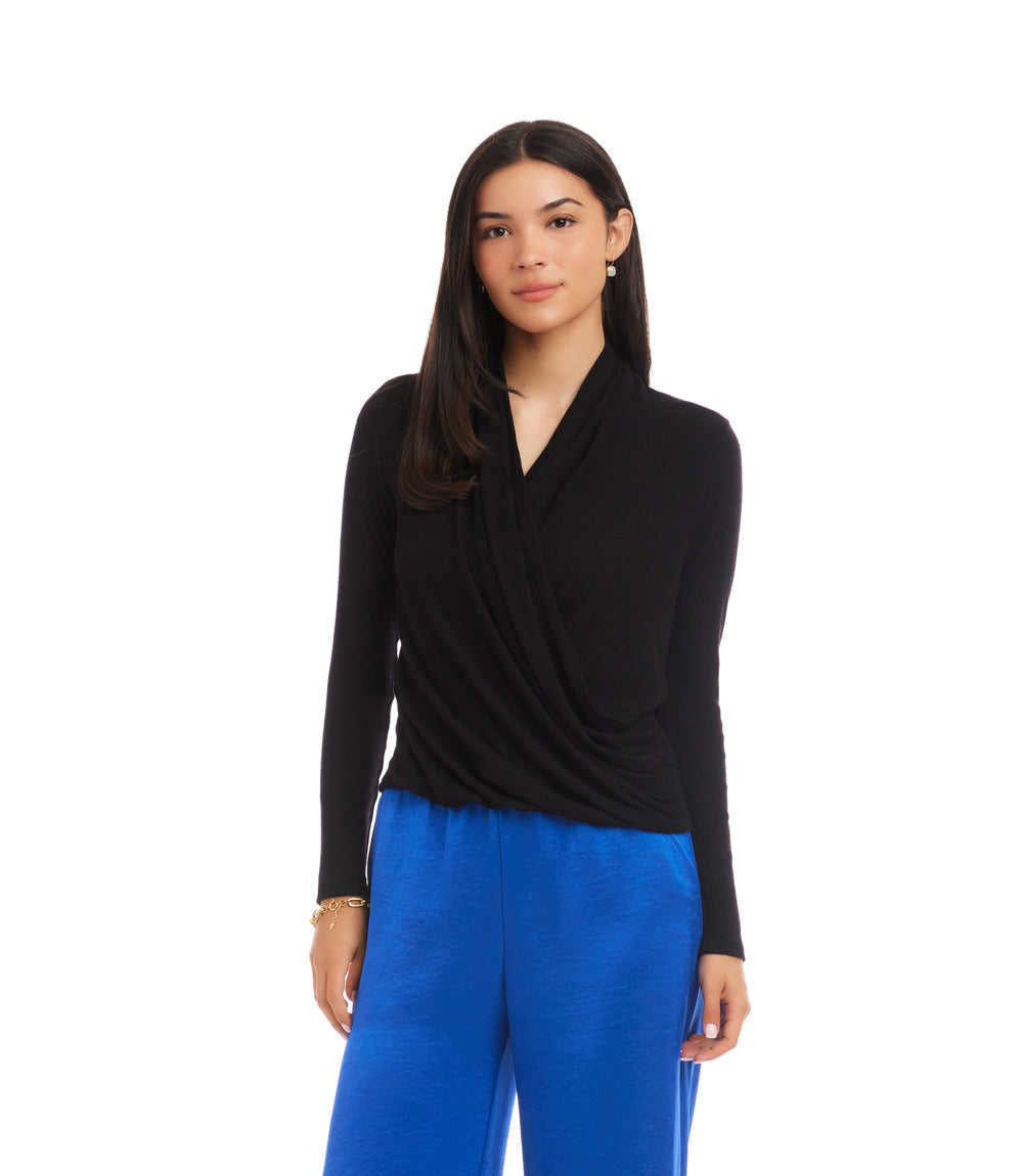 Long Sleeve Ribbed Drape Front Crossover Top