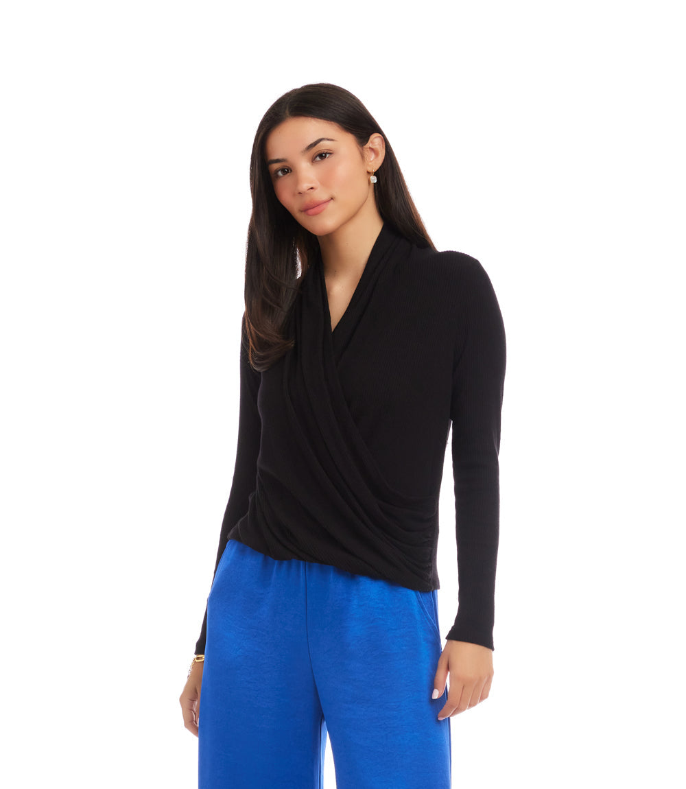 Long Sleeve Ribbed Drape Front Crossover Top