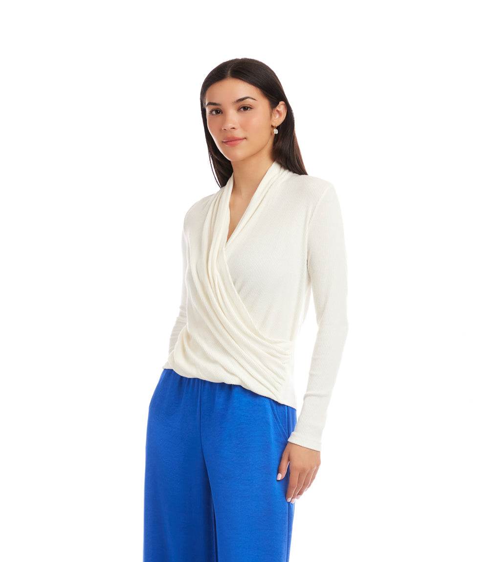 Long Sleeve Ribbed Drape Front Crossover Top