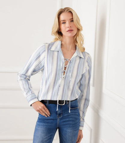 Petite Size Long Sleeve Eyelet Lace Up Top