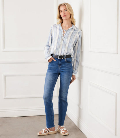 Petite Size Long Sleeve Eyelet Lace Up Top