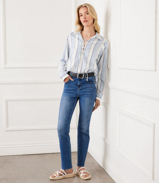 Petite Size Long Sleeve Eyelet Lace Up Top