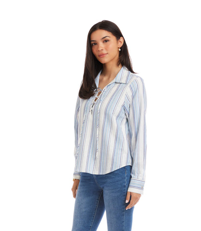 Petite Size Long Sleeve Eyelet Lace Up Top