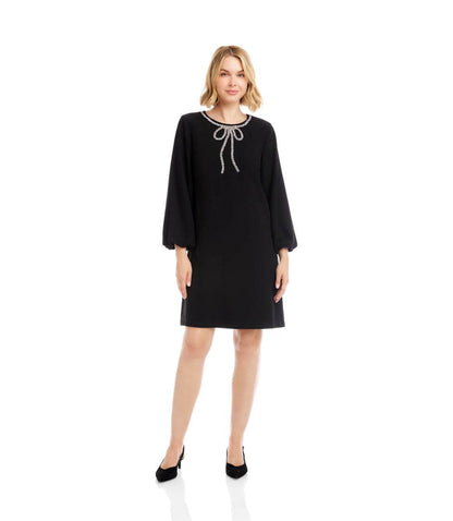 Petite Size Puff Sleeve Embellished Bow Shift Dress