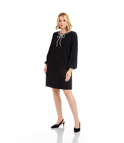 Petite Size Puff Sleeve Embellished Bow Shift Dress