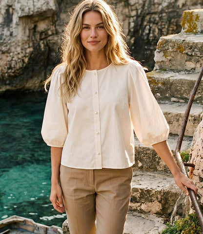 Puff Sleeve Pearl Button Top